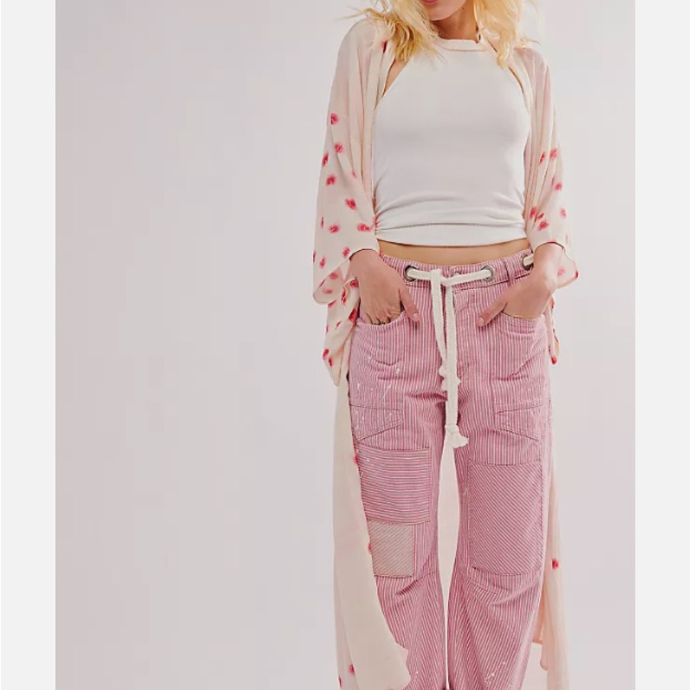 NEW Free People Laurel Canyon kimono duster cardigan cream pink ONE SIZE